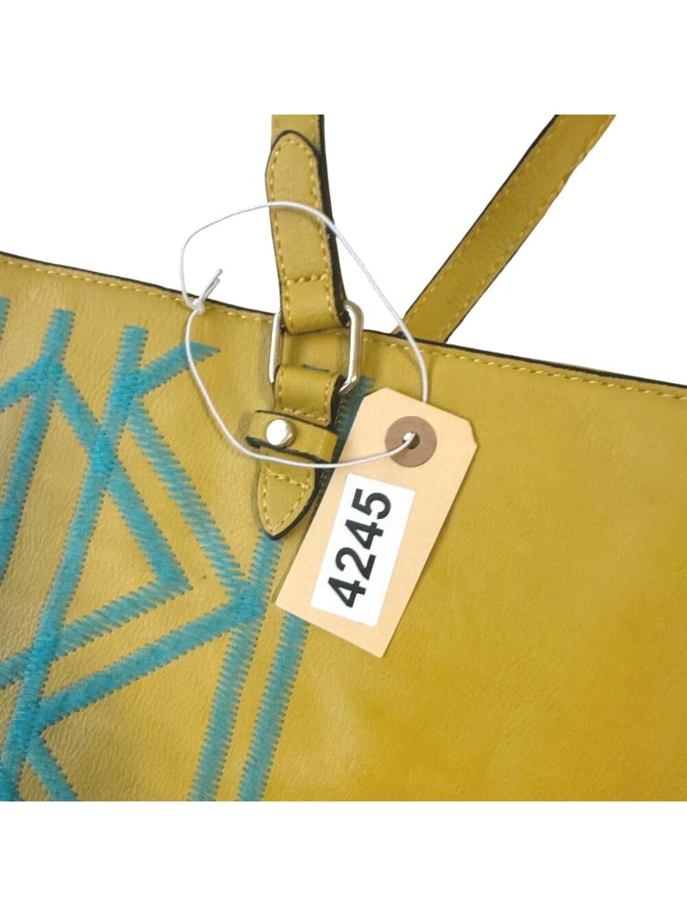 Kate Landry Bright Yellow Tote Bag Turquoise Embroidery Gorgeous Tribal Vibe - Picture 10 of 10